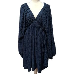 Jade by Jane Navy Blue Crinkle V-Neck Long Sleeve Dress Women's 2XL Boho Revival